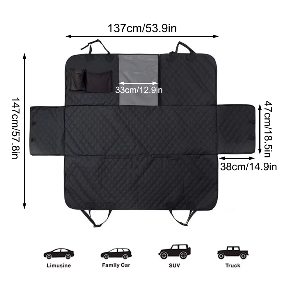 Dimension diagram: 137 x 147 cm cover with 33 cm mesh window and 47 x 38 cm side flaps