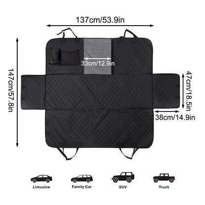 Dimension diagram: 137 x 147 cm cover with 33 cm mesh window and 47 x 38 cm side flaps