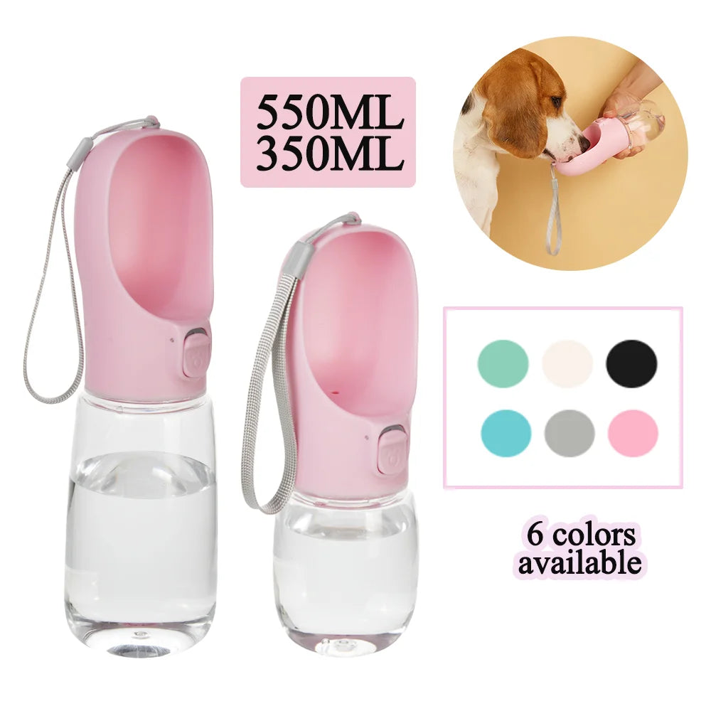 Pink trail bottle in both sizes, a dog drinking from the lid, and the colour range