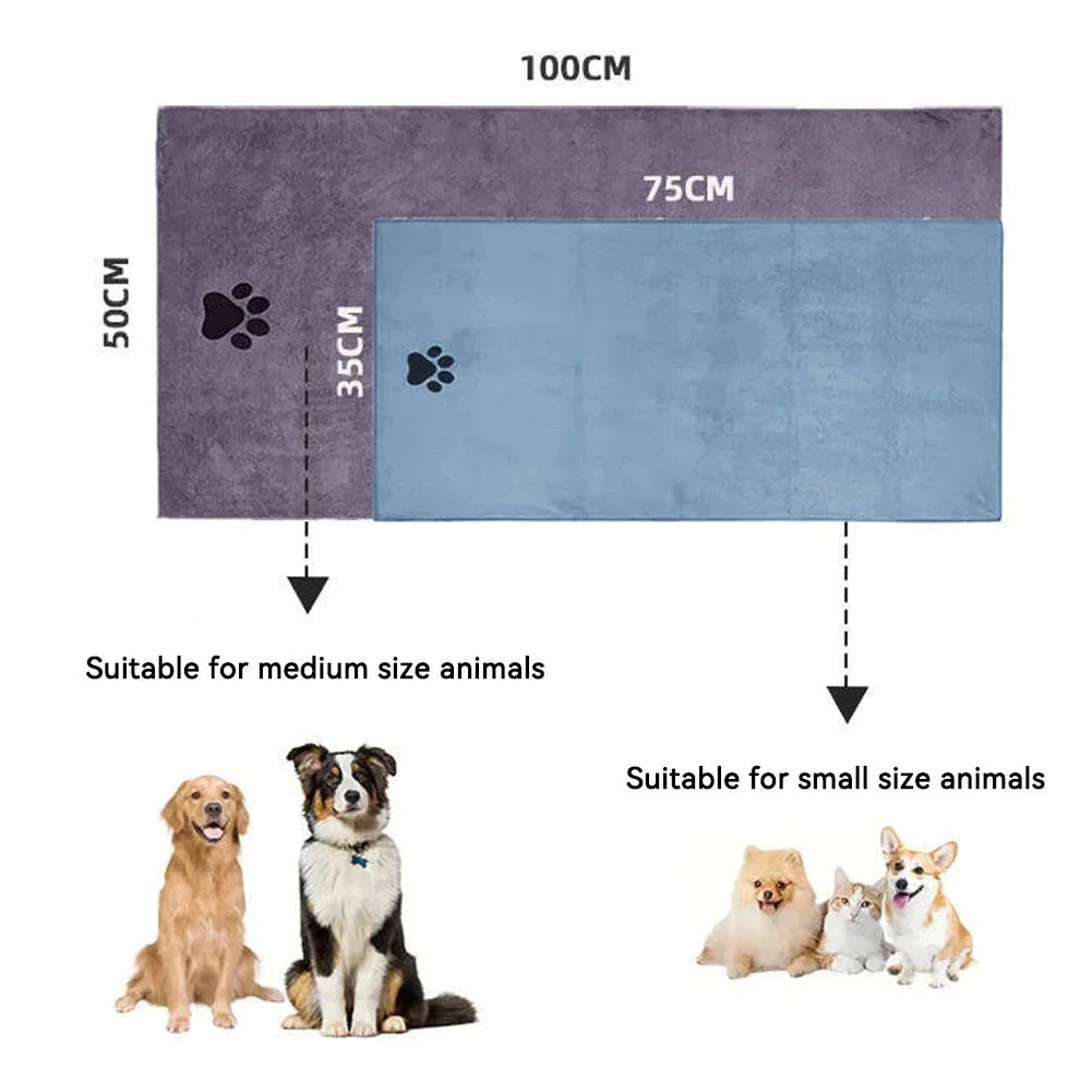 Size comparison: 50 x 100 cm large towel for medium dogs, 35 x 75 cm small for small dogs