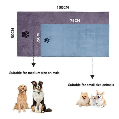 Size comparison: 50 x 100 cm large towel for medium dogs, 35 x 75 cm small for small dogs