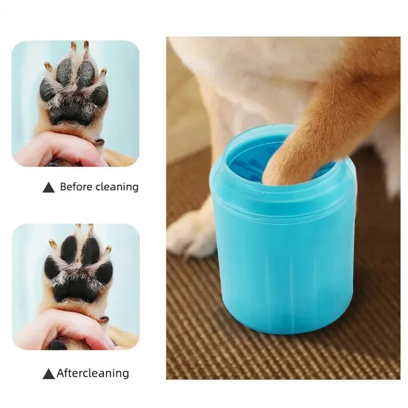 Before and after photos of a muddy paw, and a dog paw inside the cup