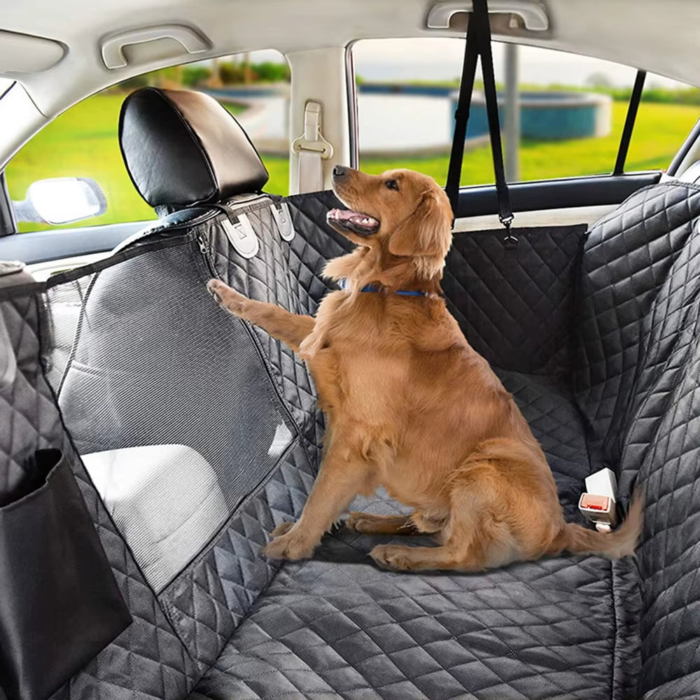 Golden retriever sitting on the black quilted Tuckbury Backseat Hammock
