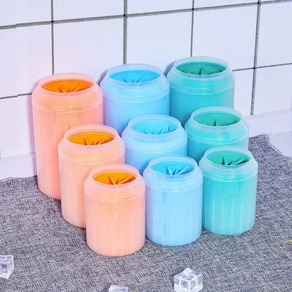 Paw rinse cups in pink, blue and green shown in small, medium and large sizes