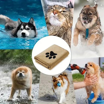 Folded khaki towel surrounded by photos of wet dogs and cats after swimming and bathing