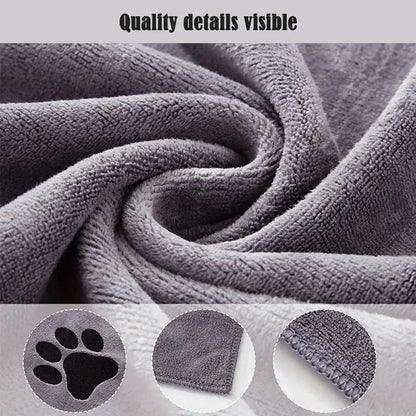 Close-up of the grey microfibre pile, embroidered paw patch and hemmed edge