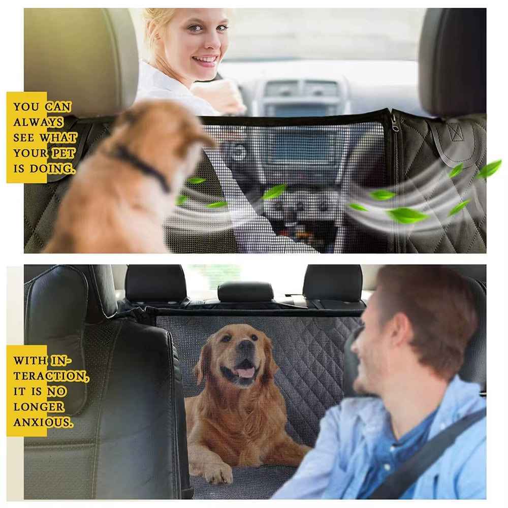 Driver seeing the dog through the mesh window in the hammock