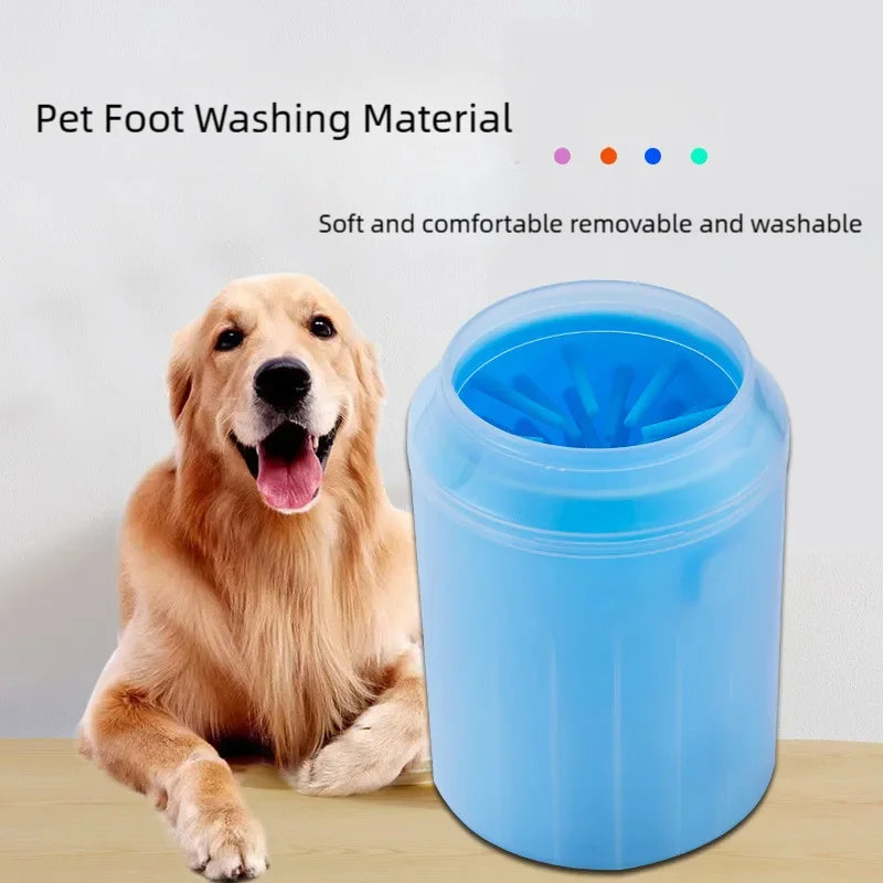 Golden retriever lying next to a blue silicone paw washing cup