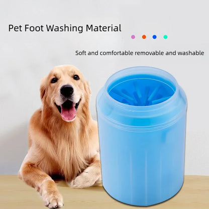 Golden retriever lying next to a blue silicone paw washing cup