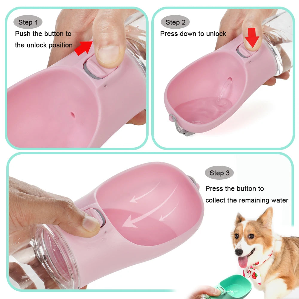 Three steps: unlock the button, press to pour, press again to drain water back